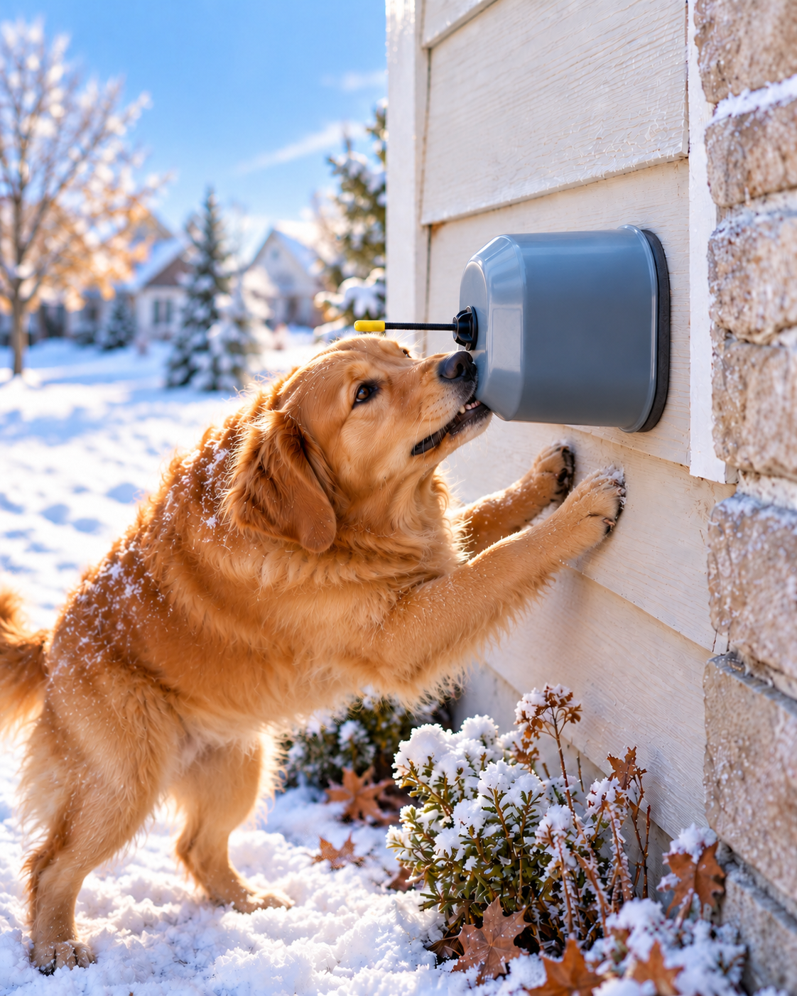 Pet-Proof Faucet Cover being secured to an outdoor faucet